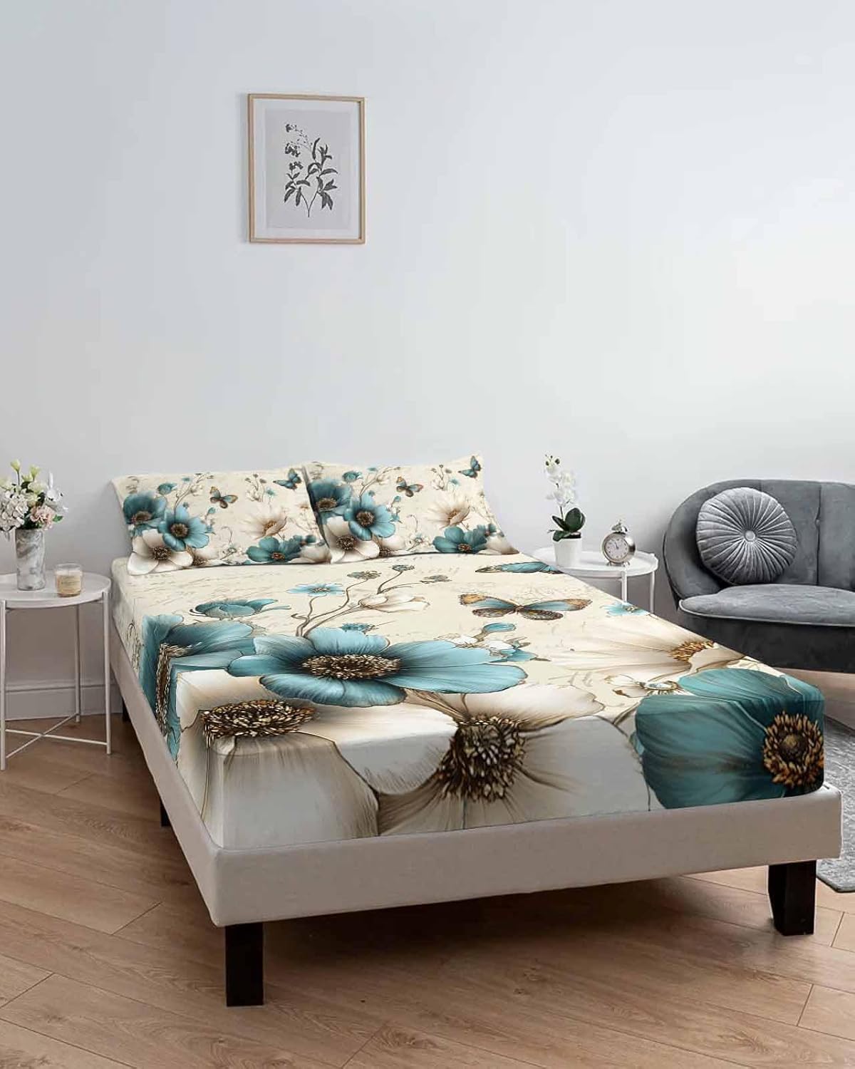 Teal Tulips King Size Fitted Sheet Set - Vintage Farmhosue Turquoise Floral Butterflies 3 Piece Bedding Sets 16" Deep Pocket Fitted Sheet with 2 Pillowcases, Brushed Microfiber Hotel Luxury Bed Sheets