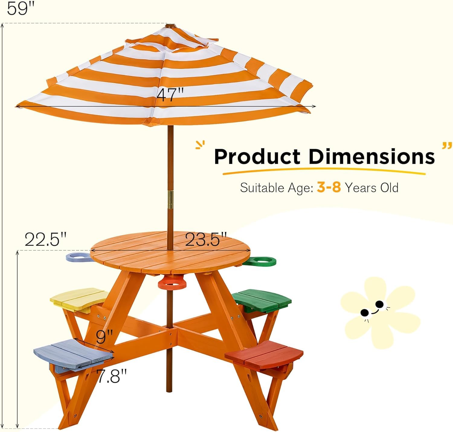 BRINJOY Kindersitzgruppe, Kinder Picknicktisch mit Bänke, Kissen & Sonnenschirm höhenverstellbarem, Kindersitzgarnitur aus Holz, Sitzgarnitur, Sitzgruppe Outdoor, Kinder gartenmöbel (Orange)
