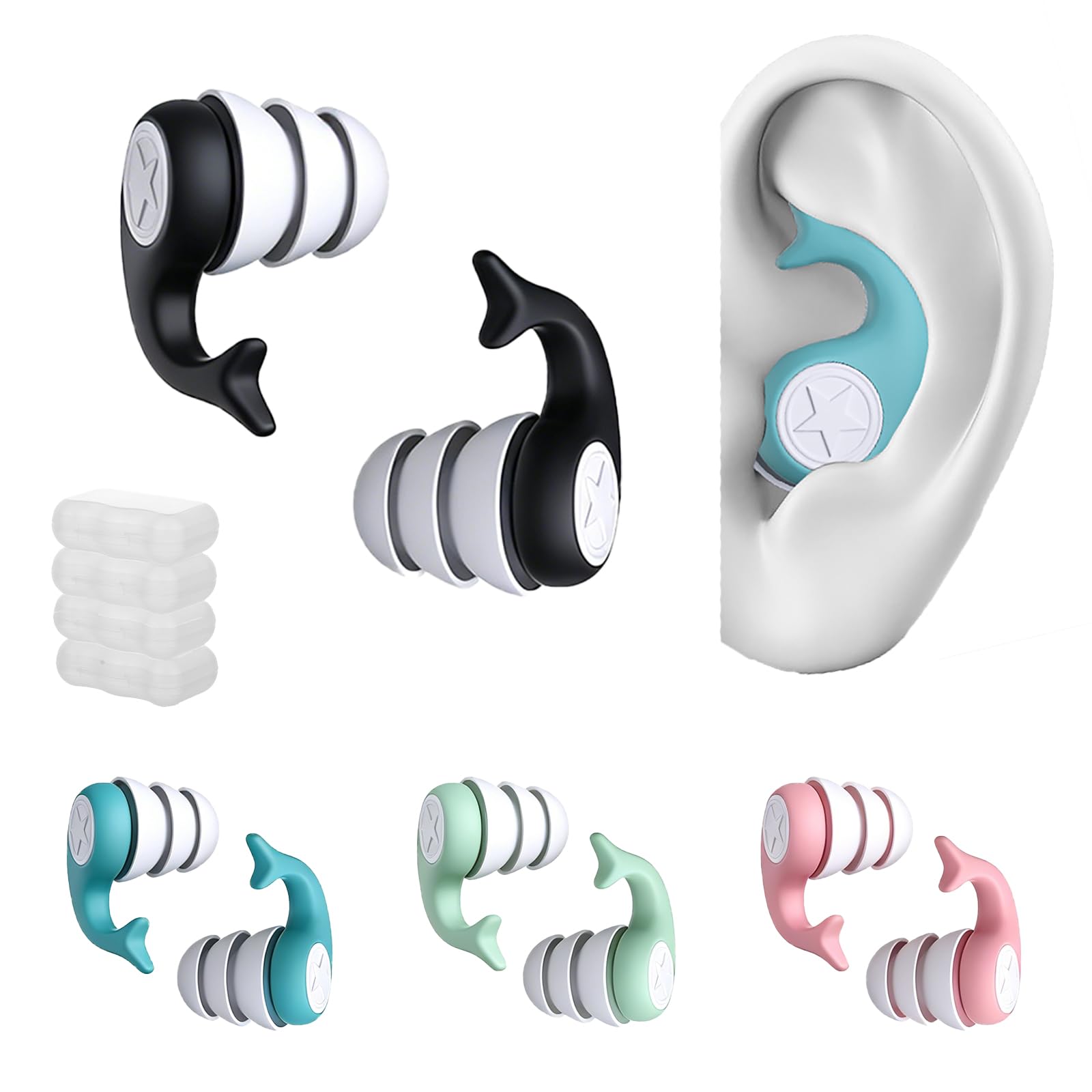 Swimming Ear Plugs for Adults - 4 Pairs Waterproof Silicone Swim Earplugs,Ear Protection for Swimming,Surfing,Showering,Diving and Other Water Sports (Black,Pink,Blue,Green)
