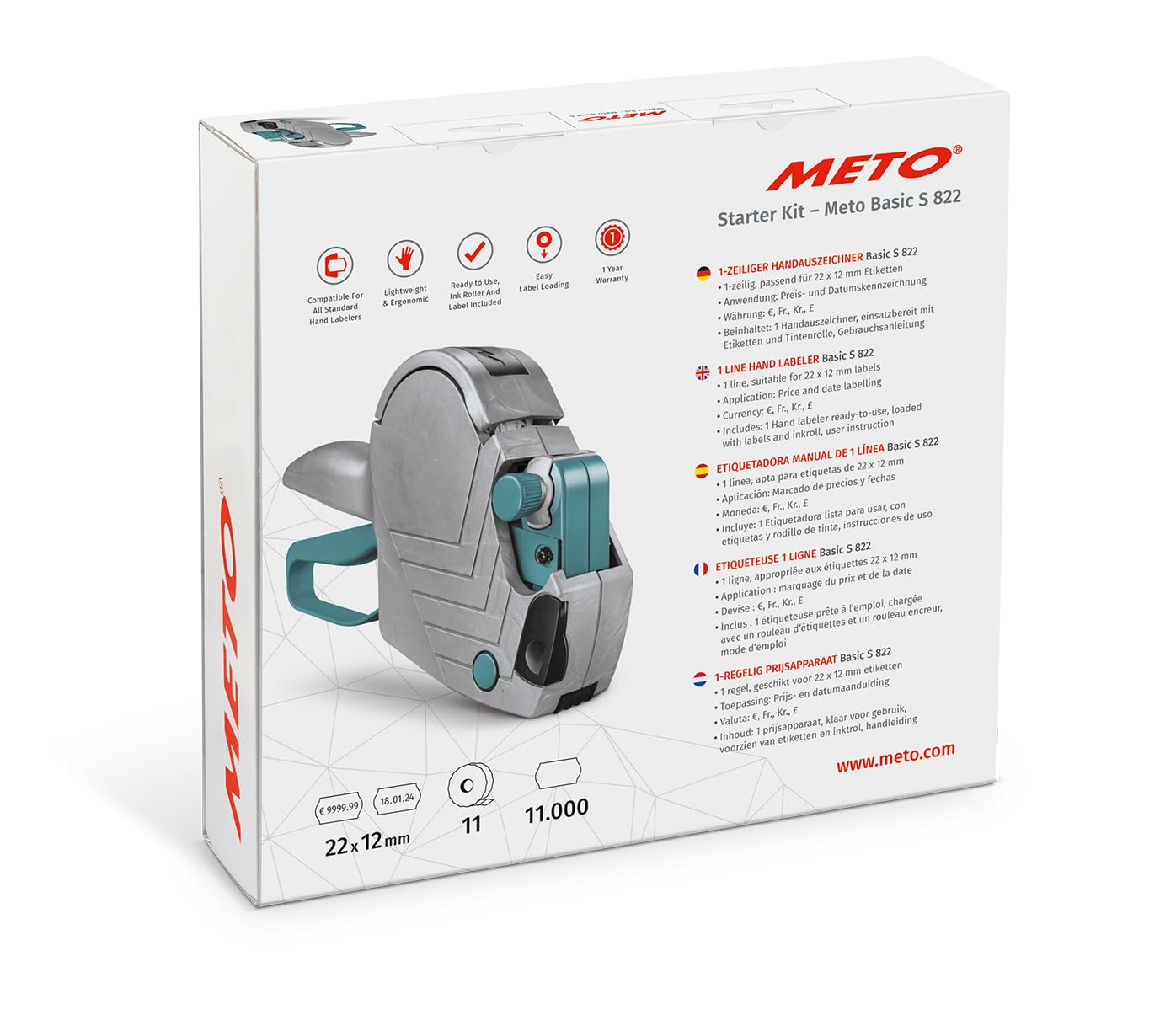 Meto Basic S Starter Kit Handauszeichner 11.000 Etiketten 22x12 mm 1-zeilig 8-stellig