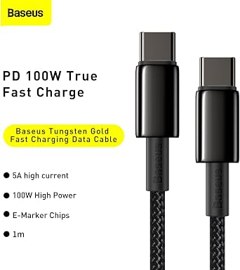 Baseus Tungsten Gold Fast Charging Cable Type-C to Type-C 100W, 1m, Black