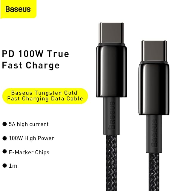 Baseus Tungsten Gold Fast Charging Cable Type-C to Type-C 100W, 1m, Black