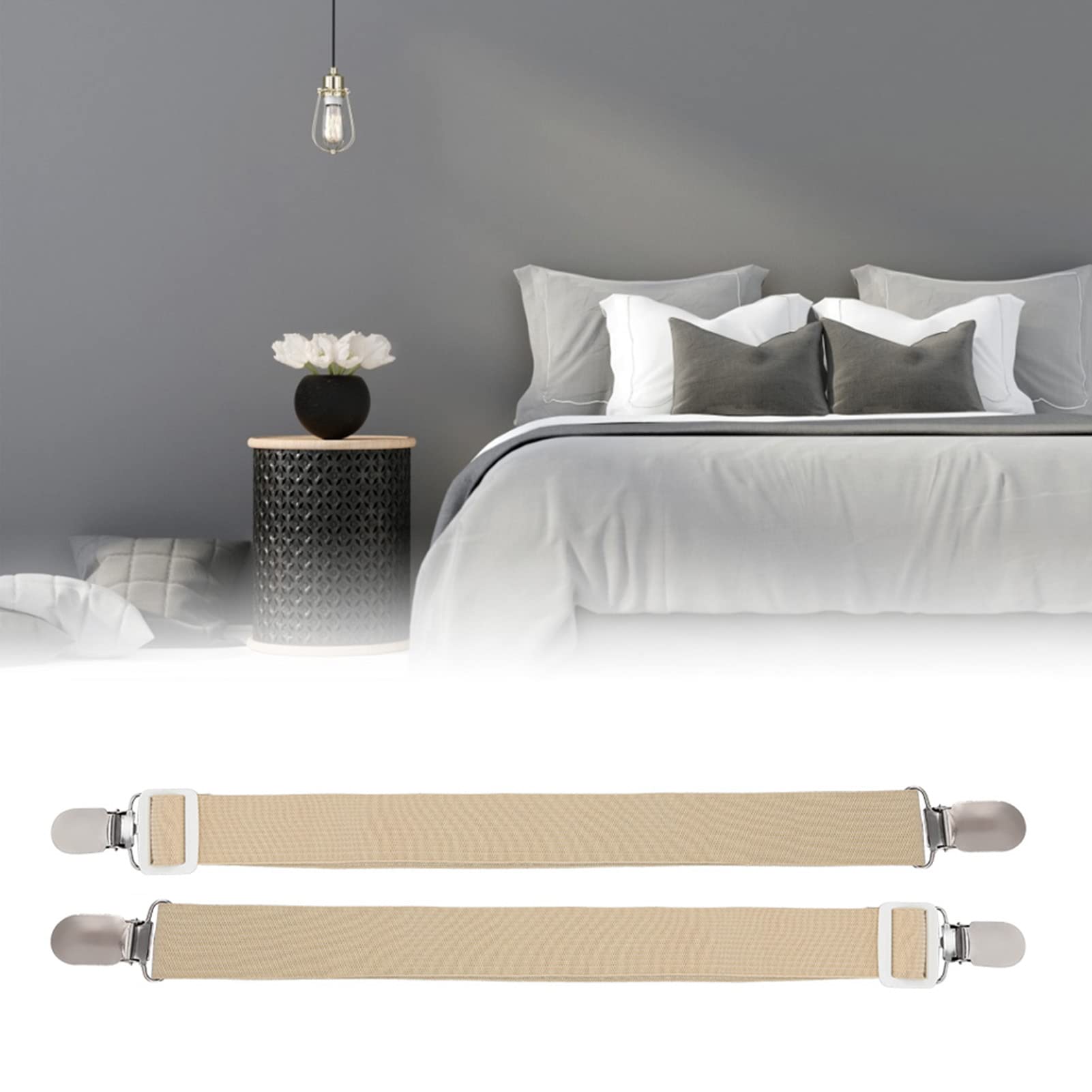 2Pcs Non Slip Bed Sheet Fastener, Multipurpose Mattress Sheet Holder Straps Gripper, Fitted Sheet Clips Bed Sheet Straps to Hold Keep Sheets in Place for Fixing Bed Sheet (Khaki)