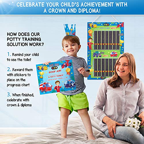 Premium Potty Chart - Our Colorful Design Will Encourage Your Child to Potty Train - Exciting Solution - Stickers + Diploma + Crown + Marker + Progress Charts + More! - Exciting Car Theme (Blue) - Thumbnail 3