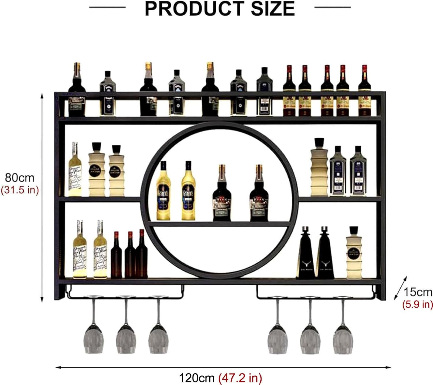 Wine Rack Wall Mounted with LED Light, 3-Tier Metal Bar Shelves Wall Mounted with Wine Glass Holder, Liquor Bottle Display Shelf for Home Bar, Dining Room & Kitchen (Black, 47.2in/120cm)