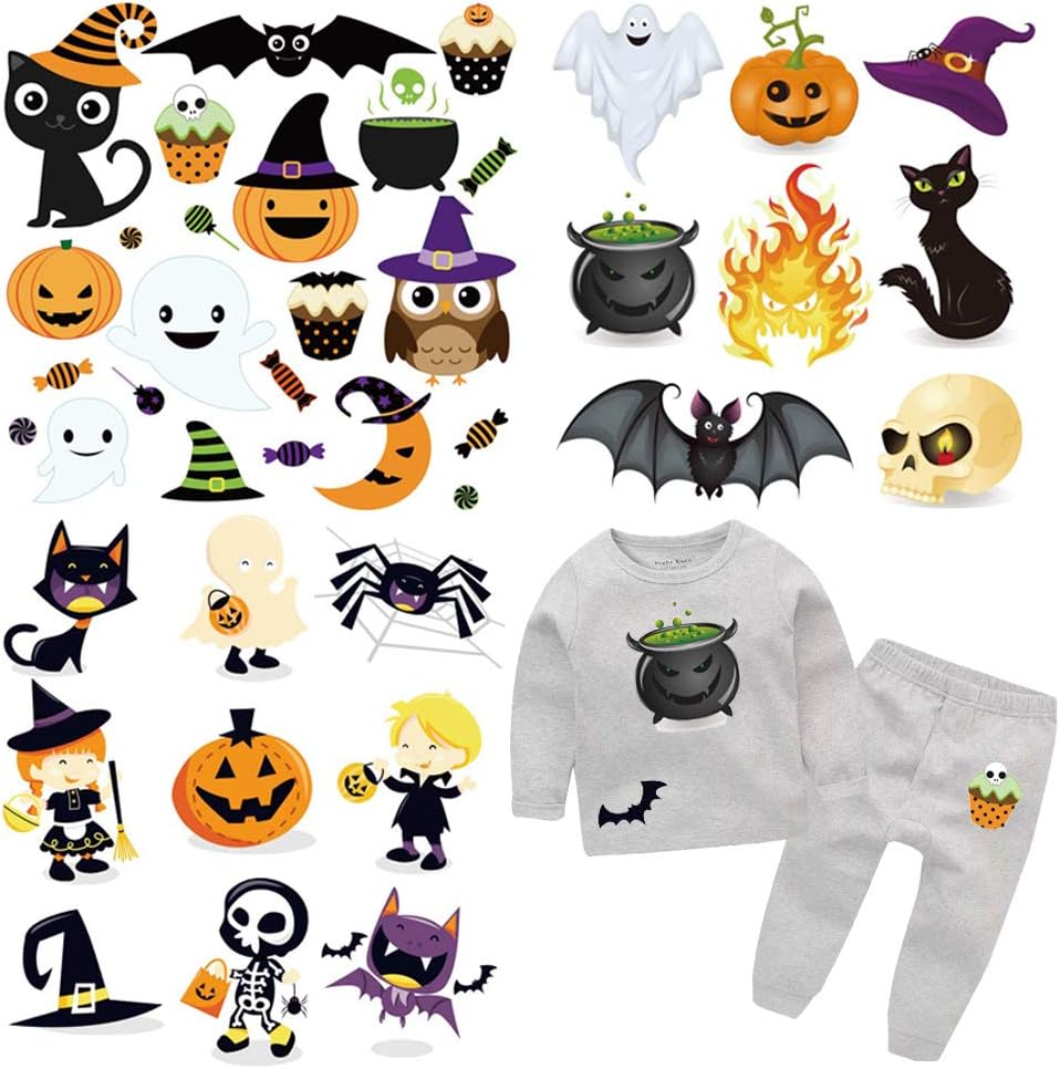 Iron On Patches Kids Heat Transfer Stickers Halloween Theme Appliques Decoration with Cute Ghosts Monsters Pumpkin Owl Cat Spider Witch Design for DIY Costume,Baby Clothes (3 Set)