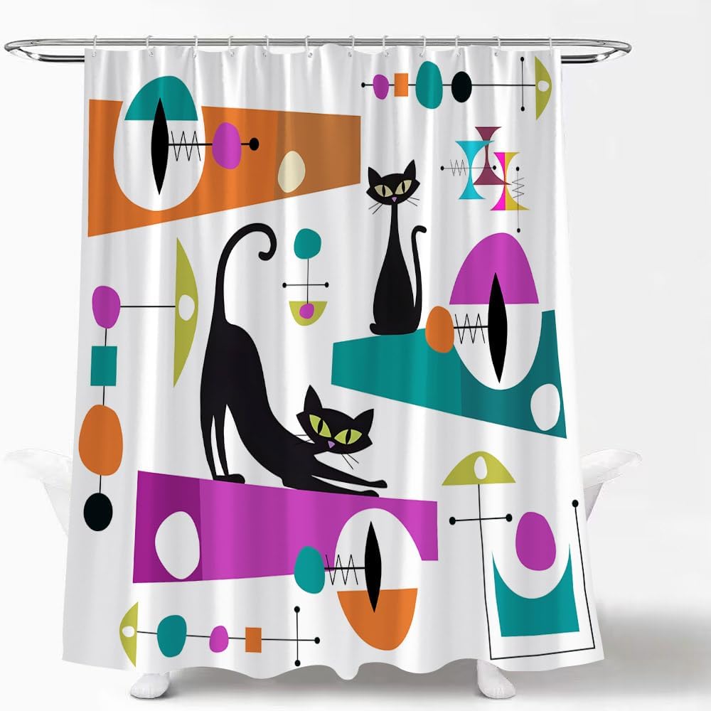 Mid Century Black Cat Shower Curtain Modern Atomic Abstract Geometric Iconic Pattern Retro Black Kitty Animal 1950s 1960s Vintage Funny Teal Fabric Bathroom Curtain Set with Hook