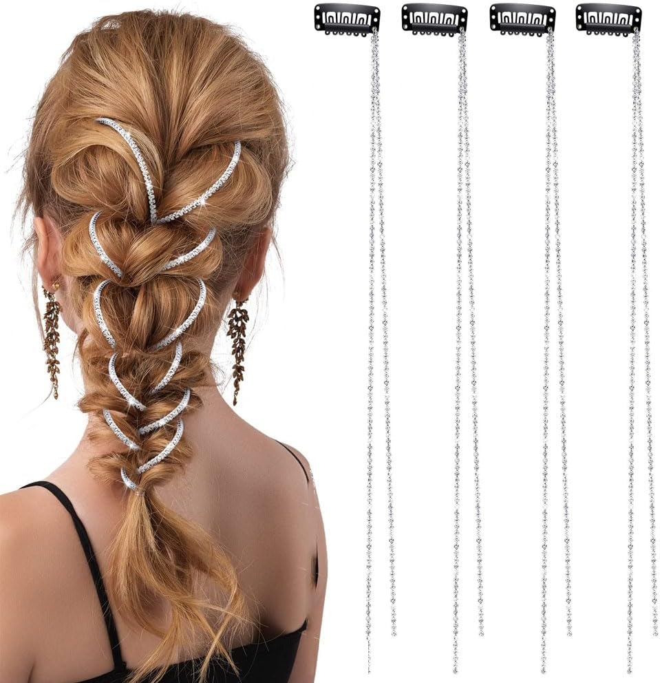 Goodern 4 PCS Women Hair Chains Tassel Hair Clips,Shiny Rhinestone Hair Extension Chains Fashion Long Tassel Hair Clip Chain Delicate Ponytail Extension Chain Decor Girls Punk Hair Accessories-Silver