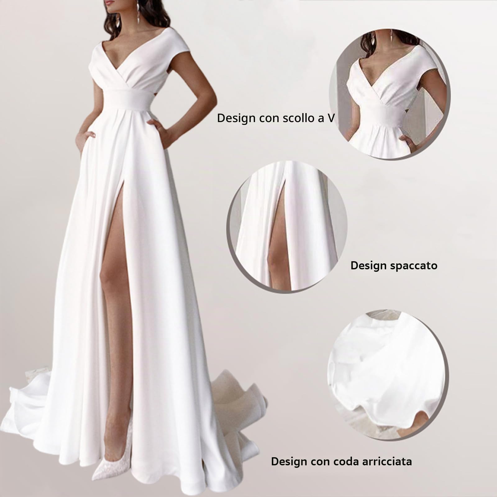Abito Lungo Donna Sexy Vestito da Sera Scollo a V e Senza Schienale Sottile Abito di Alta con Aberturas Stile Impero Maxi Abiti da Sera con Volant Vestito Partito Banchetto