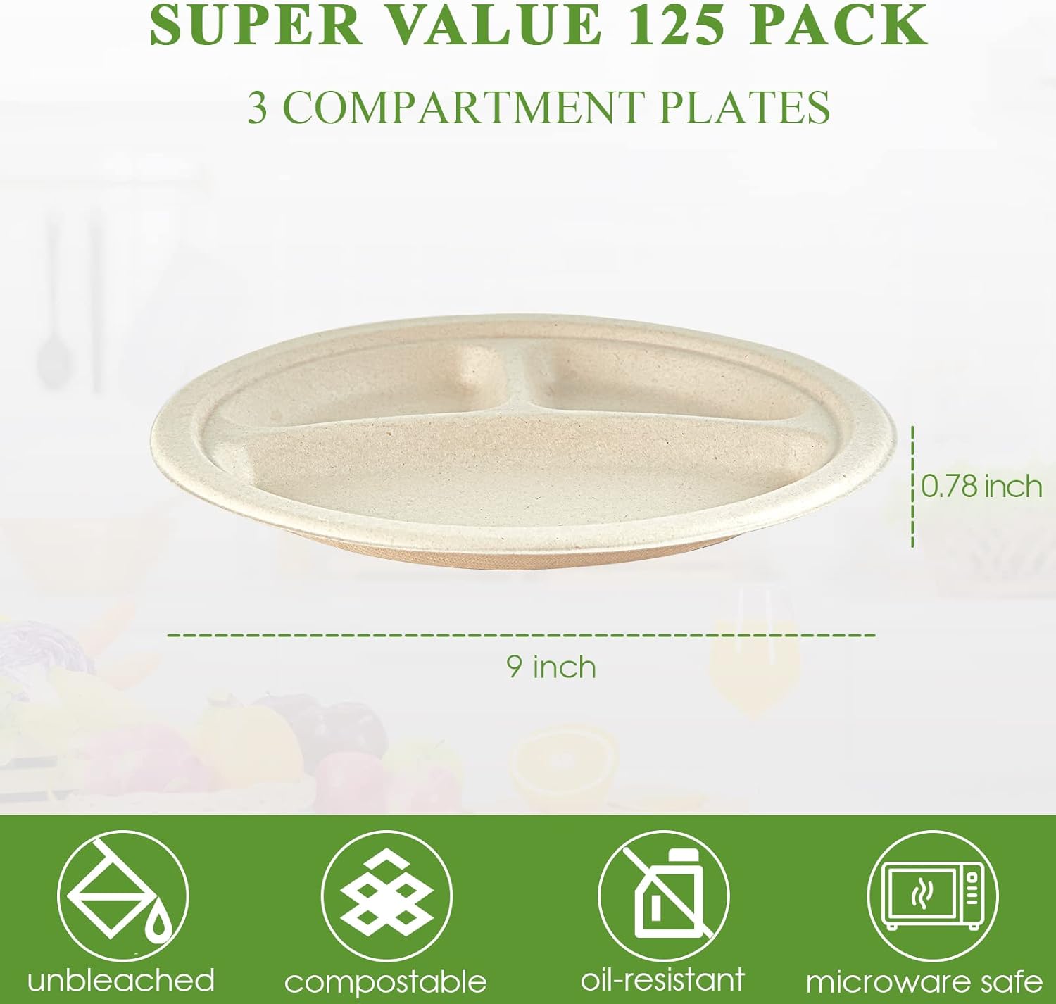 Vplus 100% Compostable Paper Plates, 125 Pack 9 Inch 3 Compartment Plates Disposable, Heavy Duty Biodegradable Plates Made of Sugar Cane Fibers, for Daily meals, Dinner, Parties, BBQ - Image 3