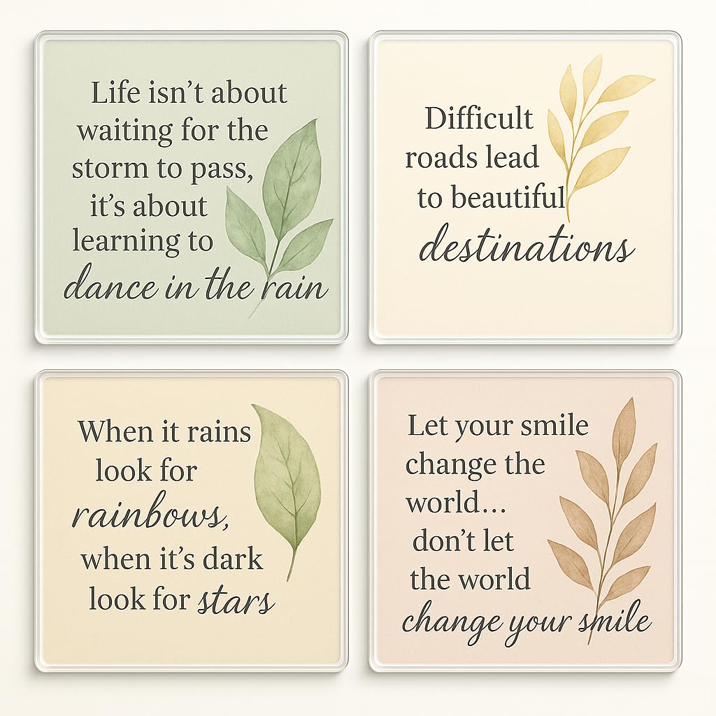 The Plum Penguin Serenity Palette Acrylic Coaster Gift Set Of 4 With Gift For Friend - Tranquil Watercolour Leaf And Motivational Quotes For Mindful Home Decor
