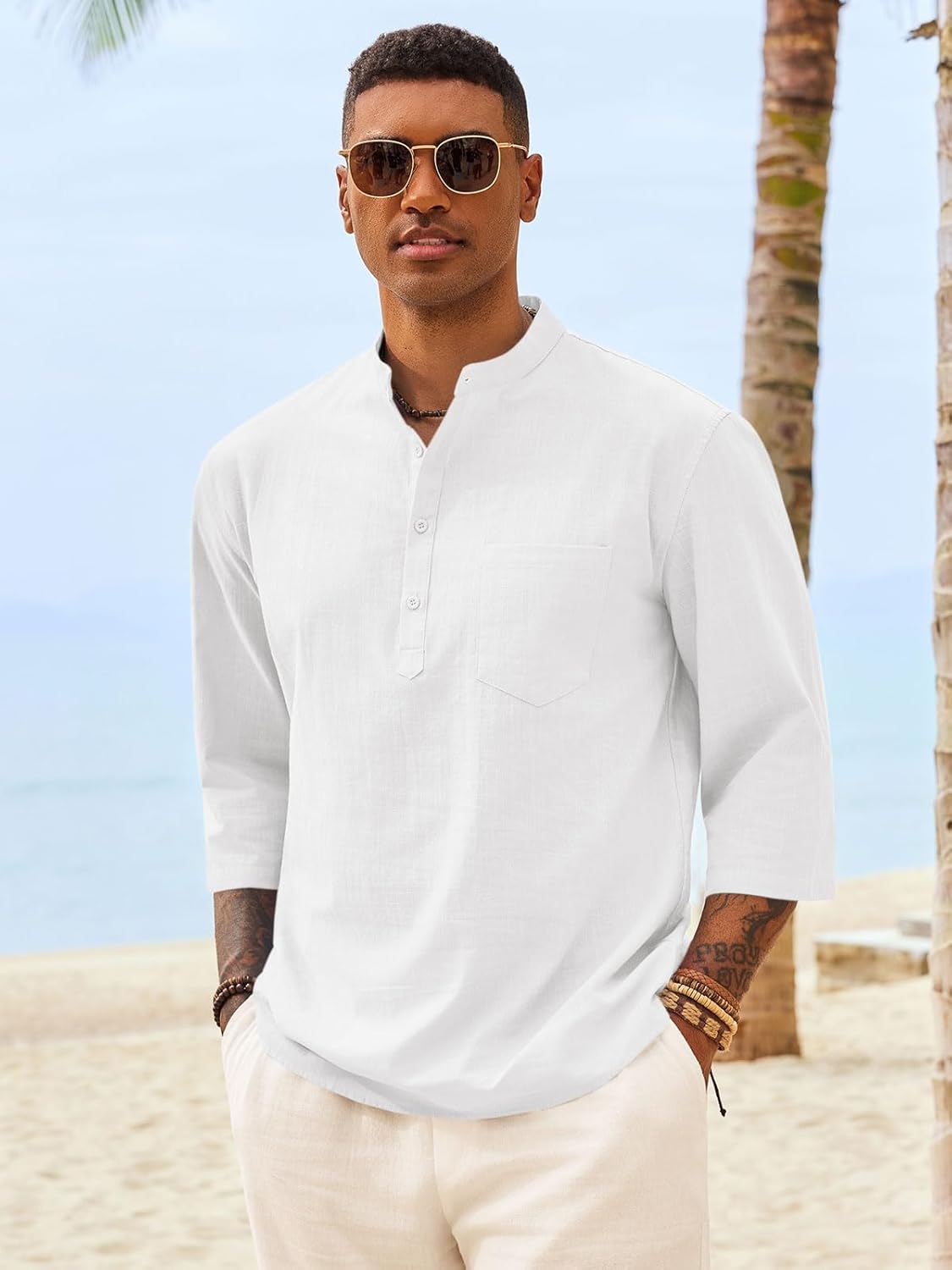 Runcati Mens Casual Henley Shirts 3/4 Sleeve Band Collar Cotton Linen Shirt Summer Beach Hippie T-Shirts with Pocket - Image 3