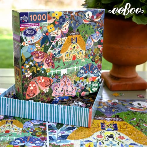 Image of eeBoo 1000 Piece Puzzle - Cottage at Dusk Jigsaw Puzzle for Adults, Square 23 inch x 23 inch Made with Recycled Board & Vegetable-Based Ink