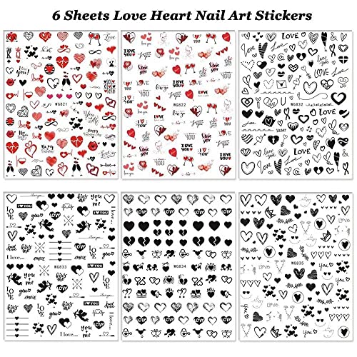 Valentine's Day Nail Art Stickers Black Heart Shape Romantic Cupid Nail Decals Exquisite Nail Art Supplies 3D Self Adhesive Design Valentine's Day Nail Stickers For Women Girls Diy Nail Decoration 6Sheets #TOP1