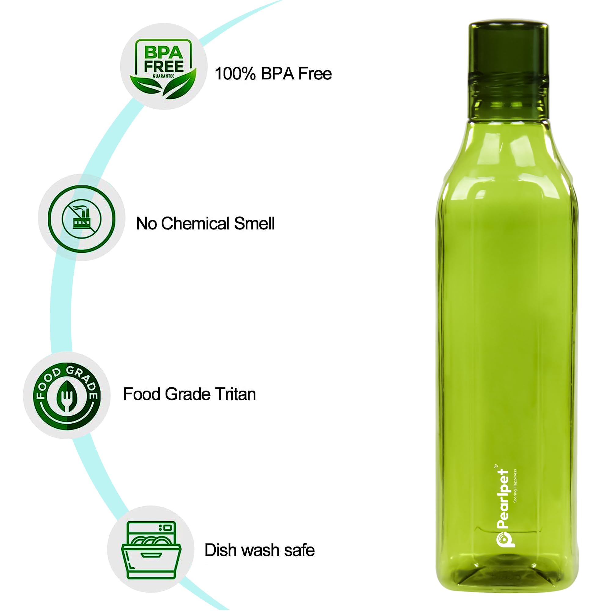 PEARLPET Kubische Wasserflasche für Zuhause, auslaufsichere Flaschen für den Kühlschrank, BPA-frei, lebensmittelecht, Kunststoff, 6 Stück, je 1000 ml, Grün
