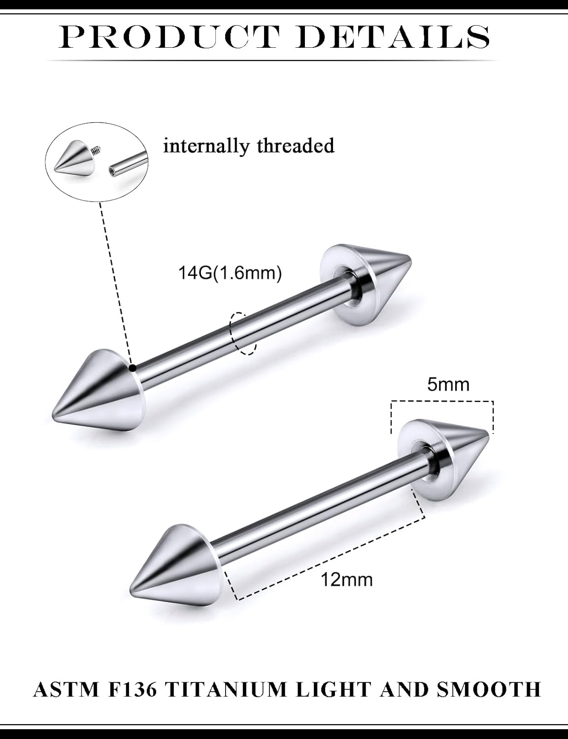 14G 16G Astm F136 Titanium Internally Threaded Spike Nipple Rings Bridge Piercing Jewelry Straight Bar Nipple Ring Piercing Jewelry For Women Men Nipple Bar Length 12MM - 16MM - Image 3