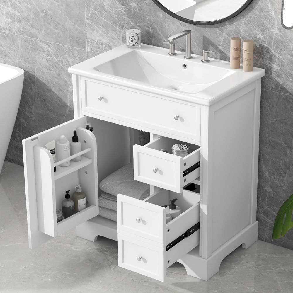 30 Inch Bathroom Vanity with Ceramic Sink Top, Cabinet with Door and Two Drawers, Solid Wood &amp; MDF Freestanding Storage with Silver Hardware