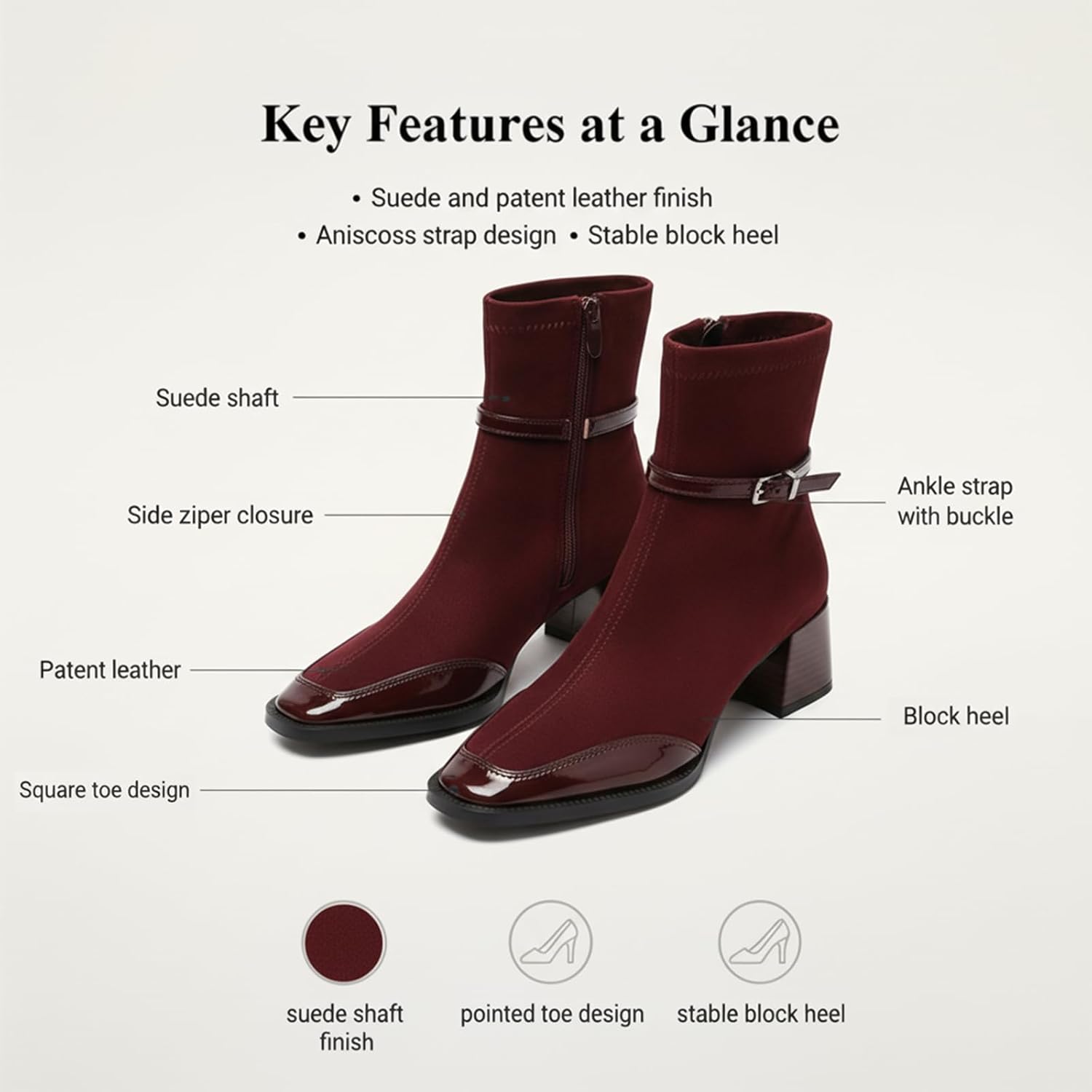 Women’s Square Toe Block Heel Ankle Boots – Faux suede with Patent Leather Trim, Side Zipper Buckle Strap Casual Dressy Sock Boots For parties, dates, weddings - Image 6