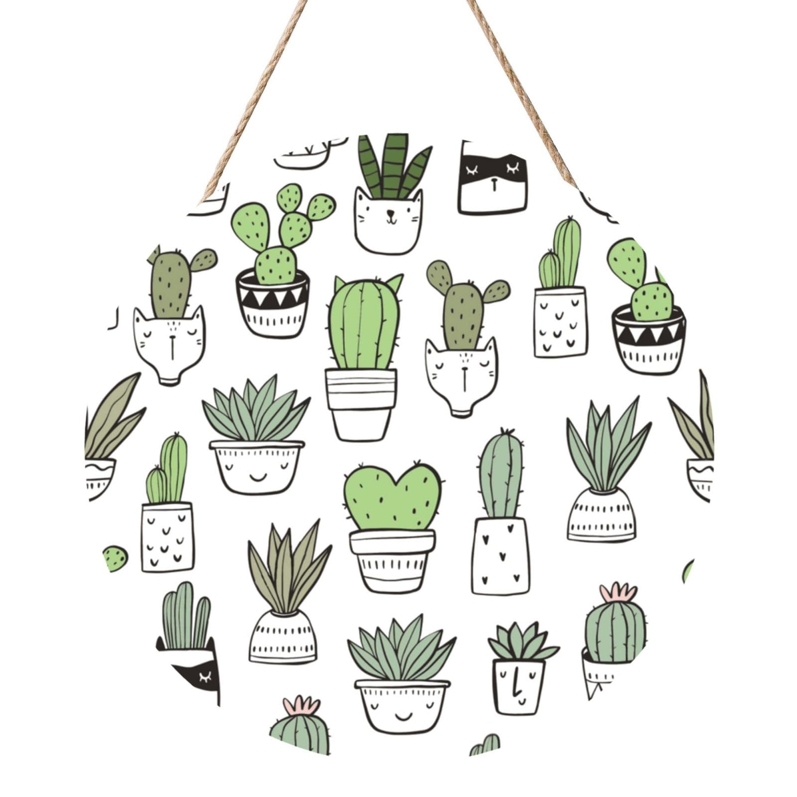 InOmak Hand Drawn Cactus Print, Round Wood Panel Painting 12 in, Wall Hanging Painting For Home