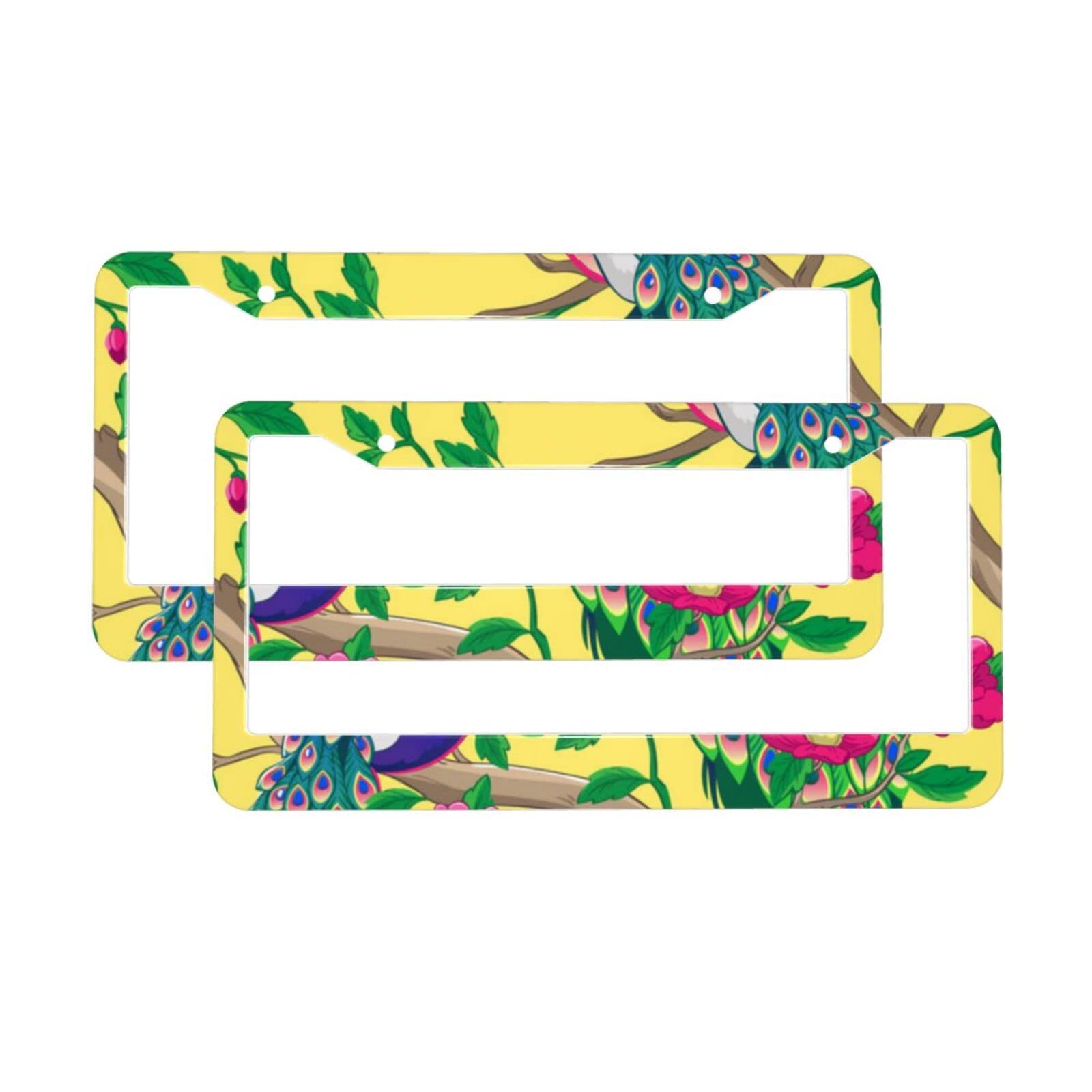 Beautiful Peacock Print License Plate Frames Holder 2 Pack,2 Round Holes, Aluminum Universal Car License Plate Covers License Plate Holder