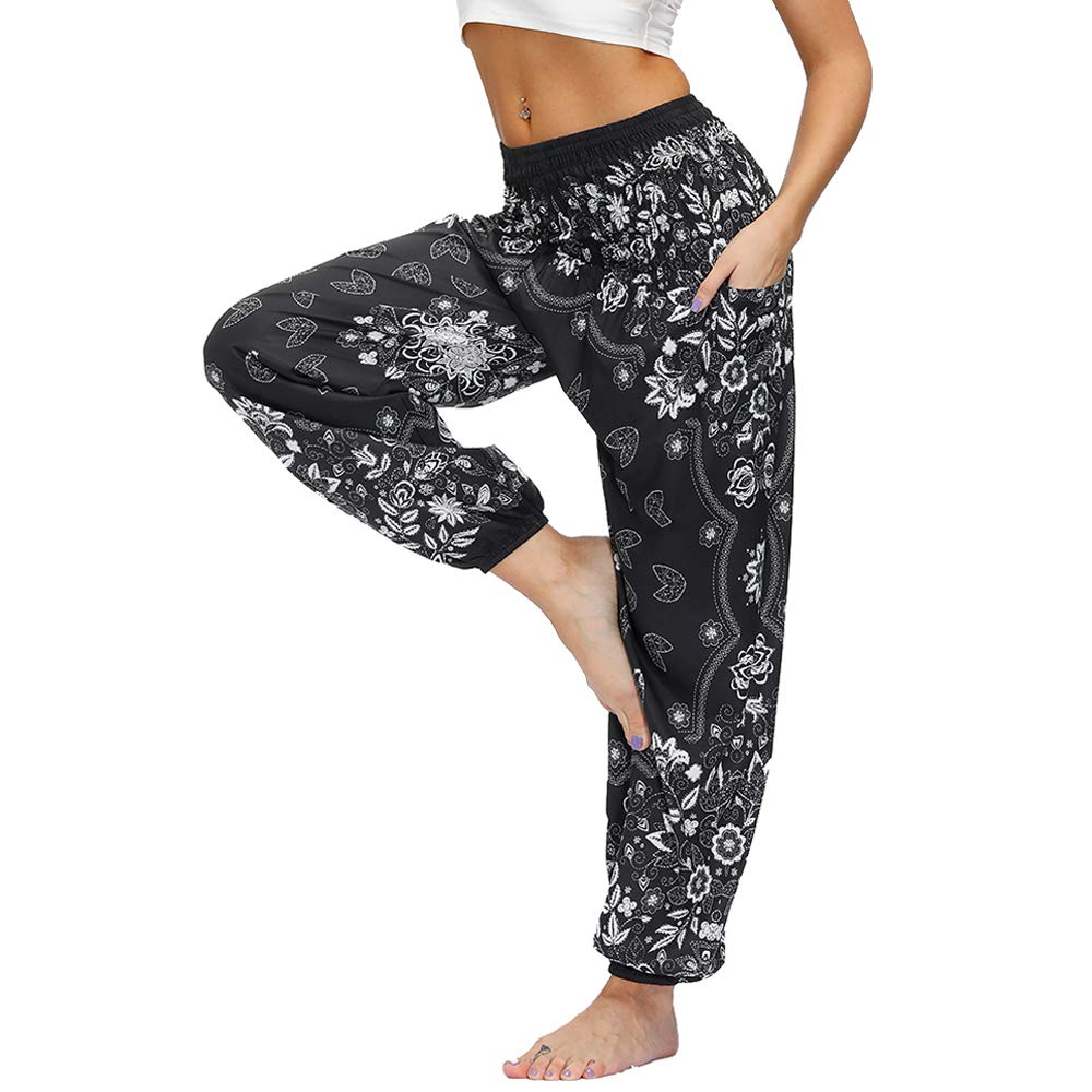 Nuofengkudu Pantaloni Harem Estivi Thai Aladin Stile Boho Vintage Stampa Vita Alta con Tasconi Yoga Pants Beach