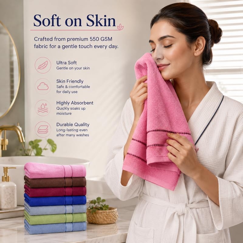 Image of TowelWala Hand Towel 550 GSM Soft Absorbent Quick Dry (Multi Pack of 7) | Premium 550 GSM cotton with woven border-quick drying and perfect for bathroom, kitchen, gym, and travel.