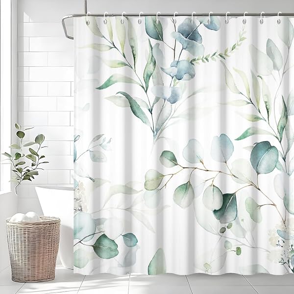 Duschvorhang Grün, Uiiooazy Duschvorhang Eukalyptus 180x220cm Blau Blätter Weiß Blumen Pflanzen Duschvorhänge Anti Schimmel Wasserdicht Polyester Stoff Waschbar Bad Vorhang mit 12 Haken für Badezimmer - 3