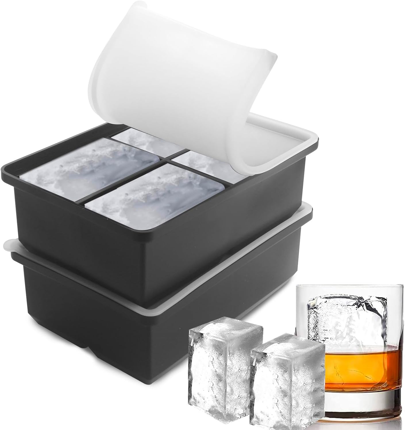 Large Ice Cube Trays for Whiskey: BECOKIT Big Silicone Ice Cube Trays - 3 * 2Inch Square Ice Cubed Tray for Bourbon Whisky and Cocktail - 4Pack Giant Silicon Ice Cube Tray (Black 4 Tray)