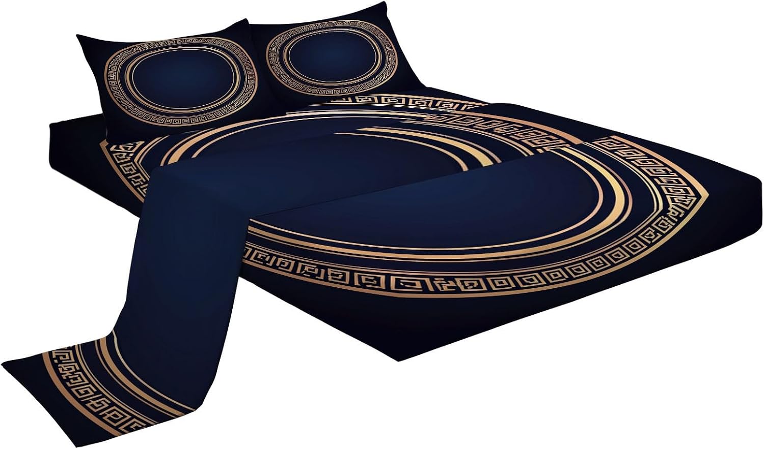 Print Fitted Sheet Set Twin Size for Kids Boys Girls, Navy Blue Bed Sheets Golden Greek Key Theme Pattern Fitted Sheet Adults Flat Sheet Soft Luxury, Home Room Decor 4Pcs