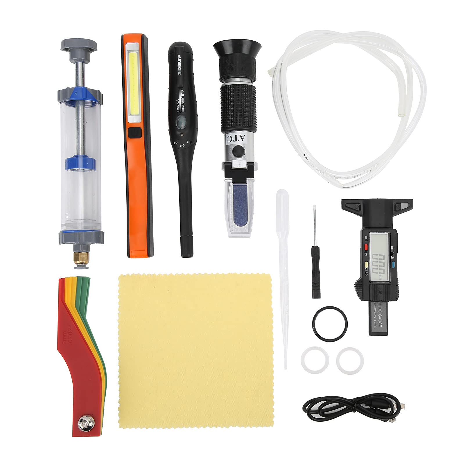 Yctze Kit de Mantenimiento Automático 6 en 1 con Regla de Patrón de Pantalla Digital Comparador de Calidad del Aceite Pastilla de Freno Medidor de Espesor Luz de Trabajo LED
