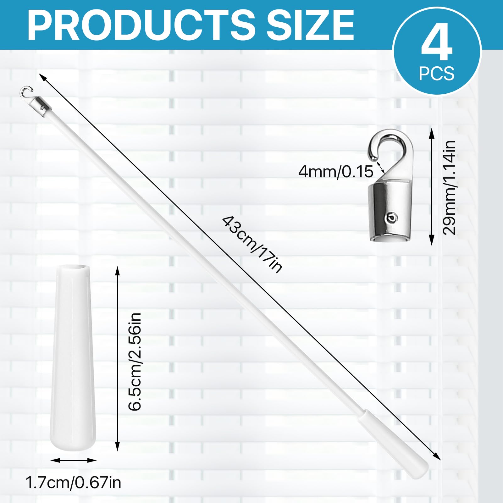 Lainballow 4 Pcs 17 Inches Blinds Wand Replacement, Blind Tilt Wand with Hook and Handle, Fiberglass Window Blind Wand for Windows, Curtain Shades, Venetian Blinds(White)