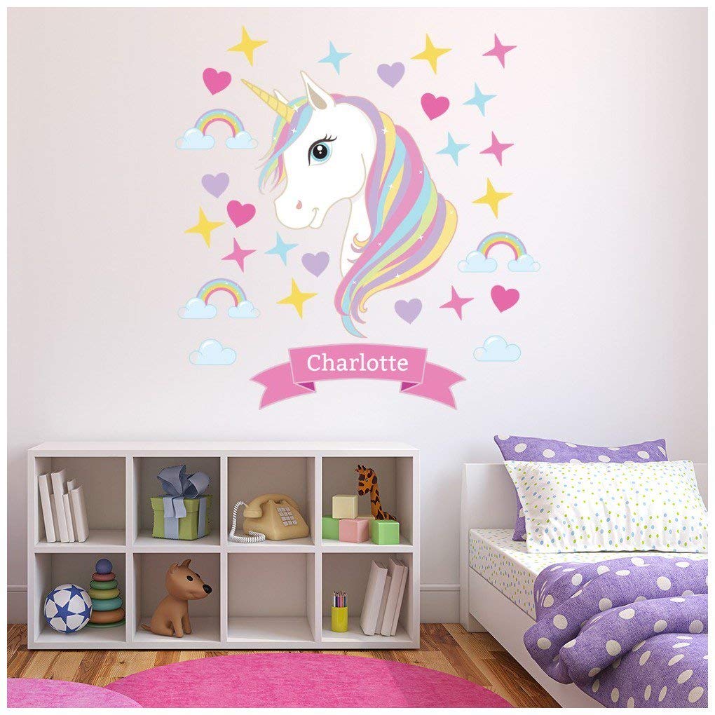 azutura Custom Name Unicorn Rainbows & Hearts Wall Sticker Personalised Kids Room Decal available in 8 Sizes Digital โ image 1