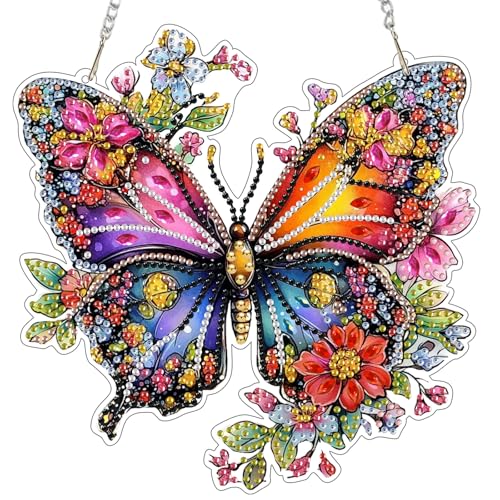 Diamant Peinture Pendentif, Papillon coloré, 5d Diamond Painting Suspension Décorative en Plaque Acrylique, pour Porte, Fenêtre ou Jardin, Chaîne Incluse,...