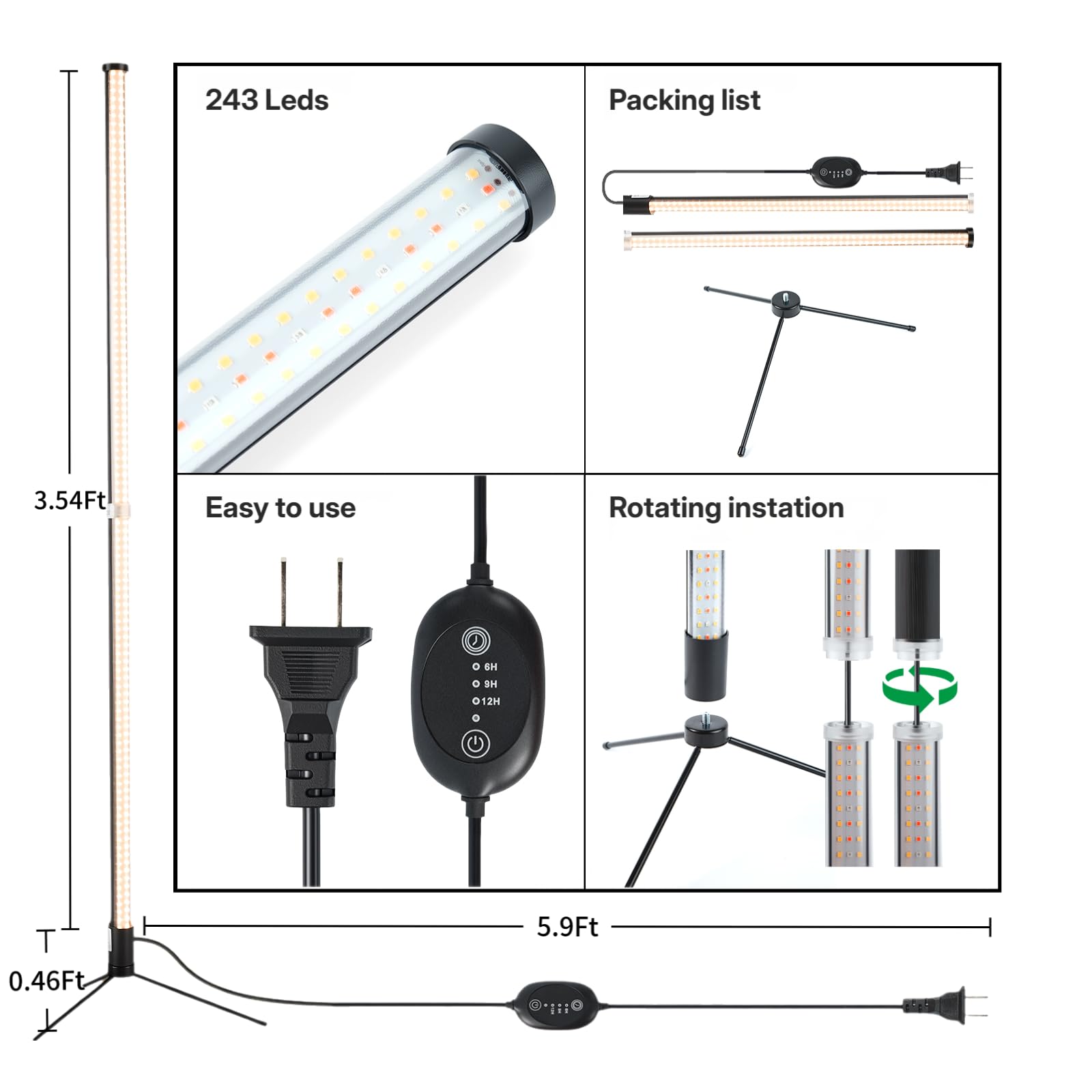Atmel Światła do uprawy roślin domowych, 100 m, pełne spektrum, 243 diody LED ze stojakiem i timerem, 3 regulowane tryby uprawy, kwitnienia, ogrodnictwa w pomieszczeniach, szklarni, biura