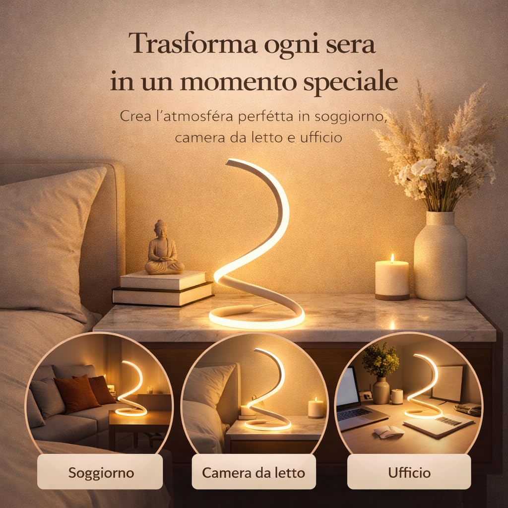 Arcadia Lampada da Comodino LED - Luce Notturna Dimmerabile Bianco Freddo, Naturale e Caldo - Design a Spirale Moderno 3200 Lumen - Abat-jour per Camera da Letto, Scrivania e Salotto (2 Unità)