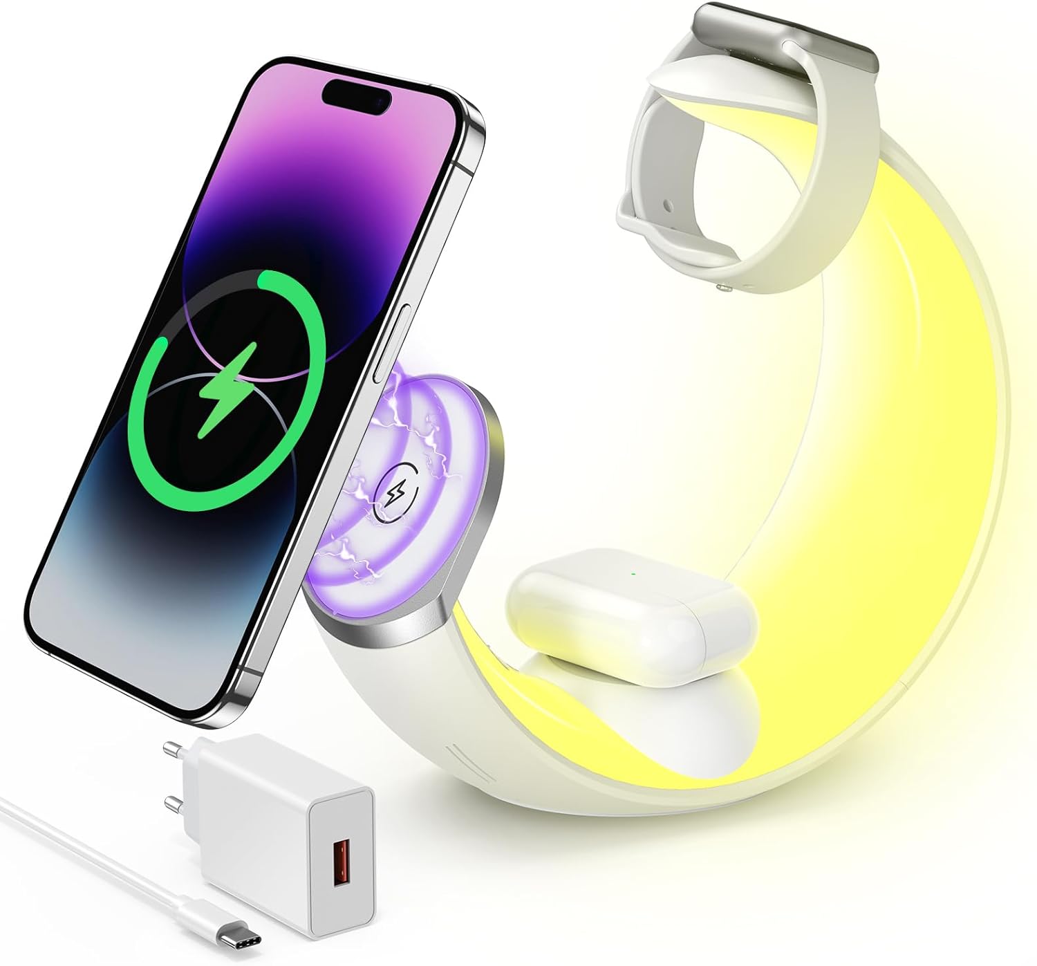 VAFOTON 4-in-1 Wi-fi Charger, Inductive Charging Station, 15W Wi-fi Charger for iPhone 15/14/13/12/11, Magnetic Charger for iWatch 9/Utra 2/Utra/8/7/6, AirPods 2/3/Professional, with 18W Quick Adapter