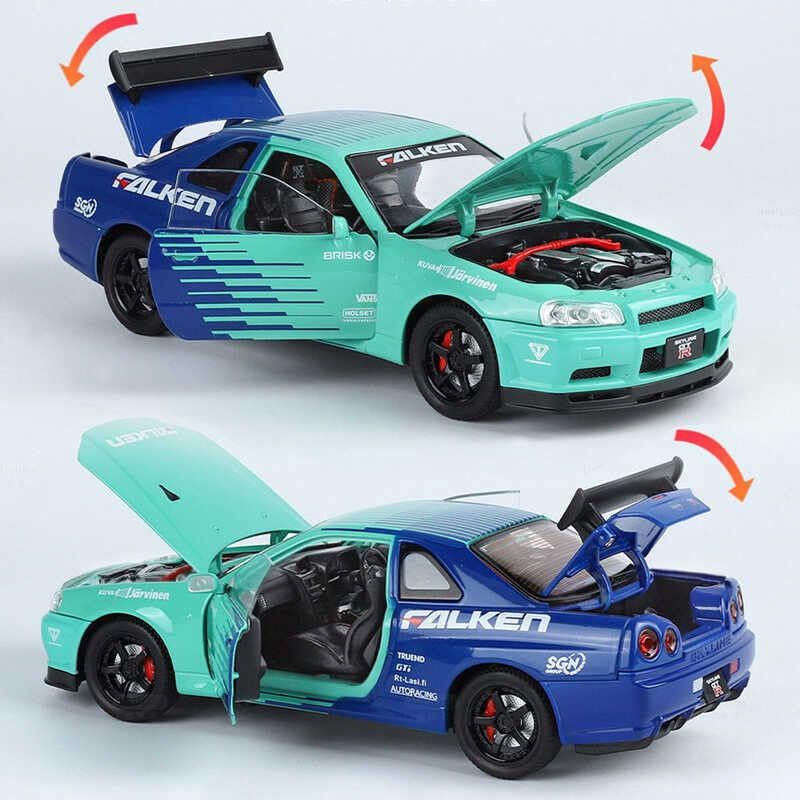 Image of 1:32 Scale Nissaan Skyline R-34 Model Alloy Metal Pull Back Toy car for Kids with Openable Doors & Light, Music Toy Vehicle for Kids (1:32 Nissaan Skyline R-34 (Green))
