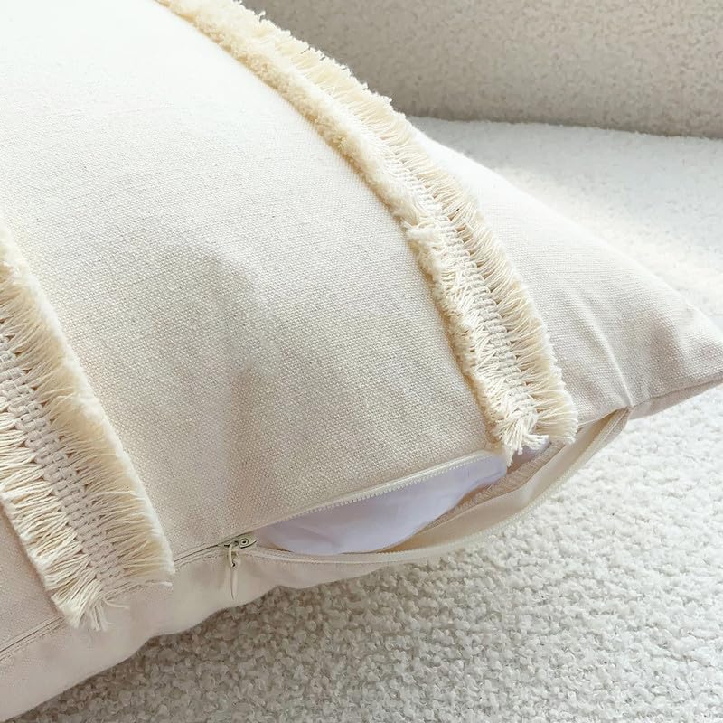 Image of Bird Wing Decorative Couch Cushion Pillow Covers for Home, Cream White, Cotton, Boho Style Tassel Design, Set of 2, Beige Color Size: 12x12 Inches