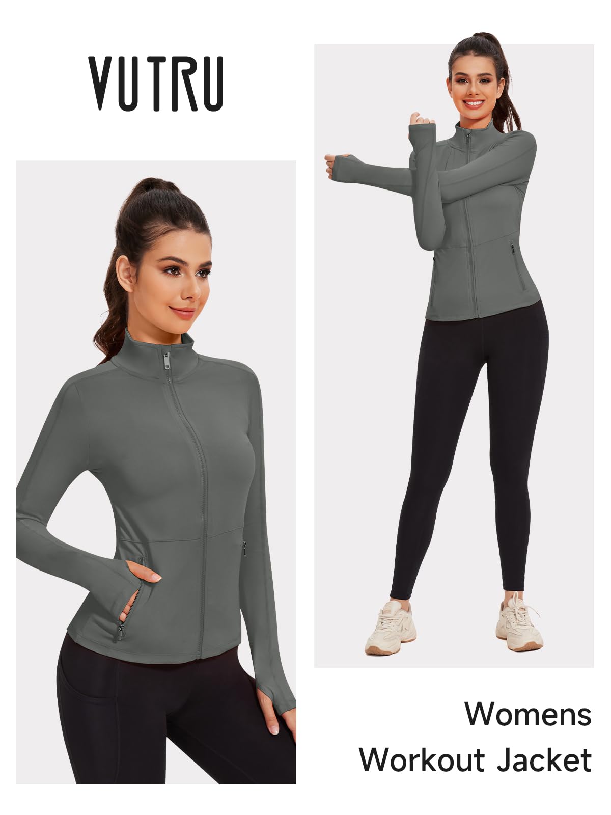 VUTRU Veste de course à pied pour femme - Veste de sport - Manches longues - Veste respirante avec poches - Trous pour les pouces avec fermeture éclair