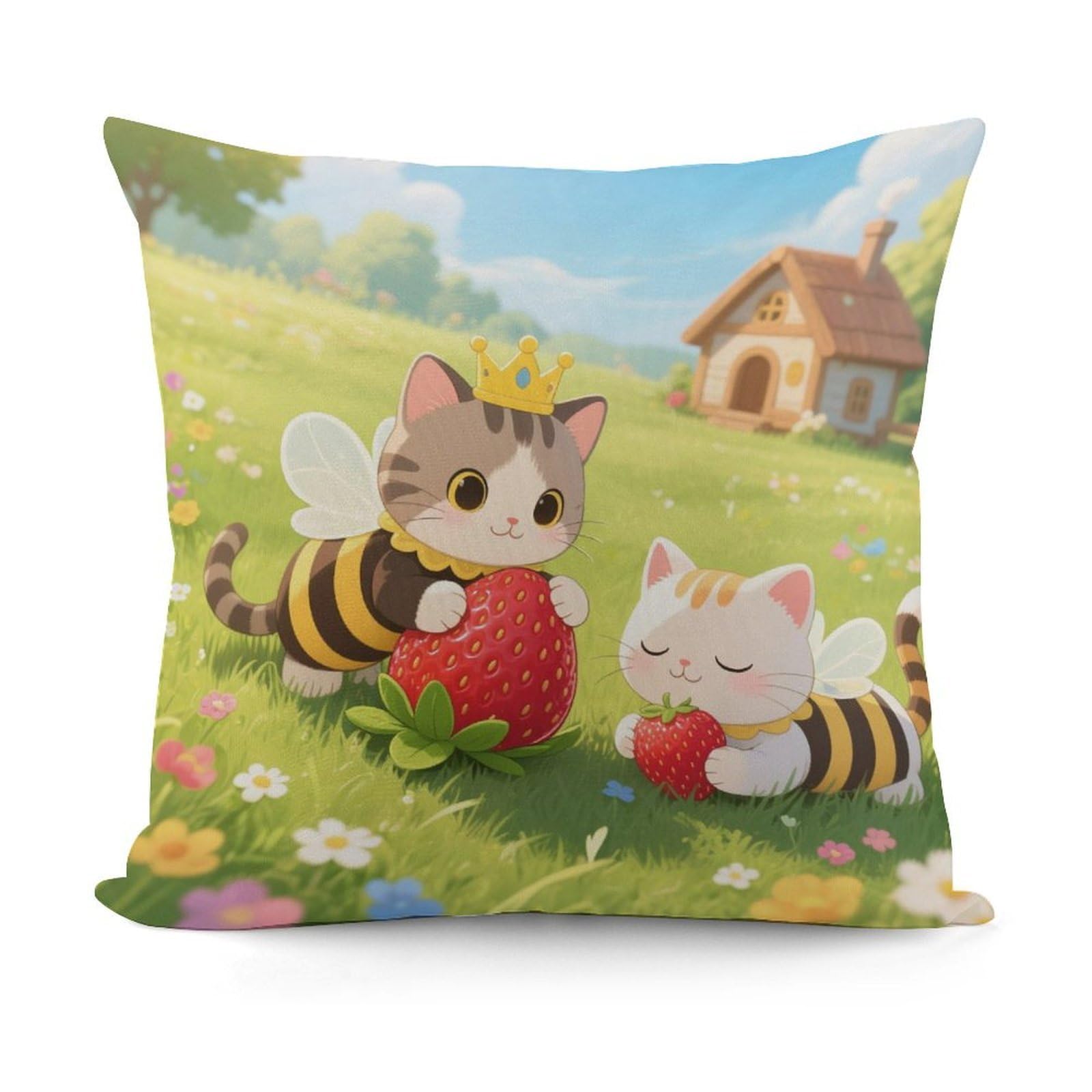VstaDank Cottagecore Strawberry Cat Throw Pillow Covers Fade-Resistant Removable Pillowcase Square Cushion Case Cozy Pillow Case Breathable Pillow Protector Soft Pillow Shams 18"x18"