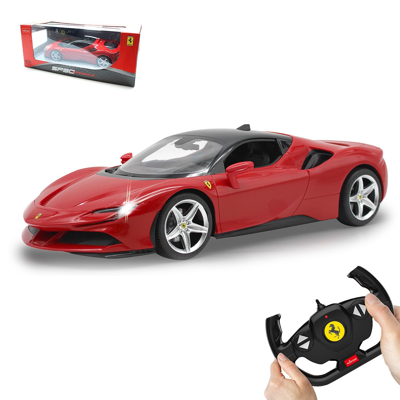 JAMARA 403122 – Ferrari SF90 Stradale 2,4 GHz 1:14 – oficjalna licencja, do 1 godziny czasu jazdy, ok. 11 km/h, światło LED, perfekcyjne szczegóły, szczegółowe wnętrze, wysokiej jakości wykonanie