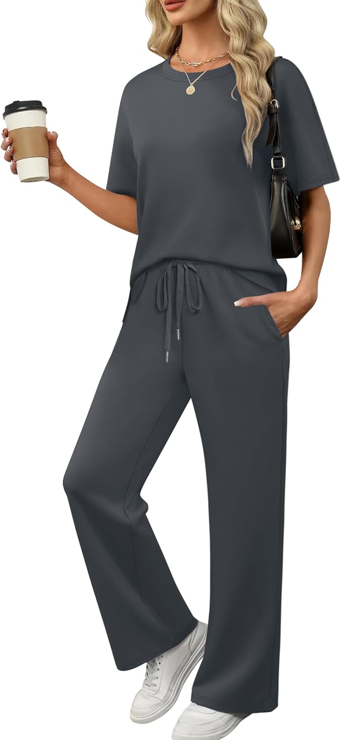 XIEERDUO Women's Side Slit Lounge Sets 2 Piece Travel Outfits Airport Tracksuit Oversized Wide Leg Loungewear S-3XL