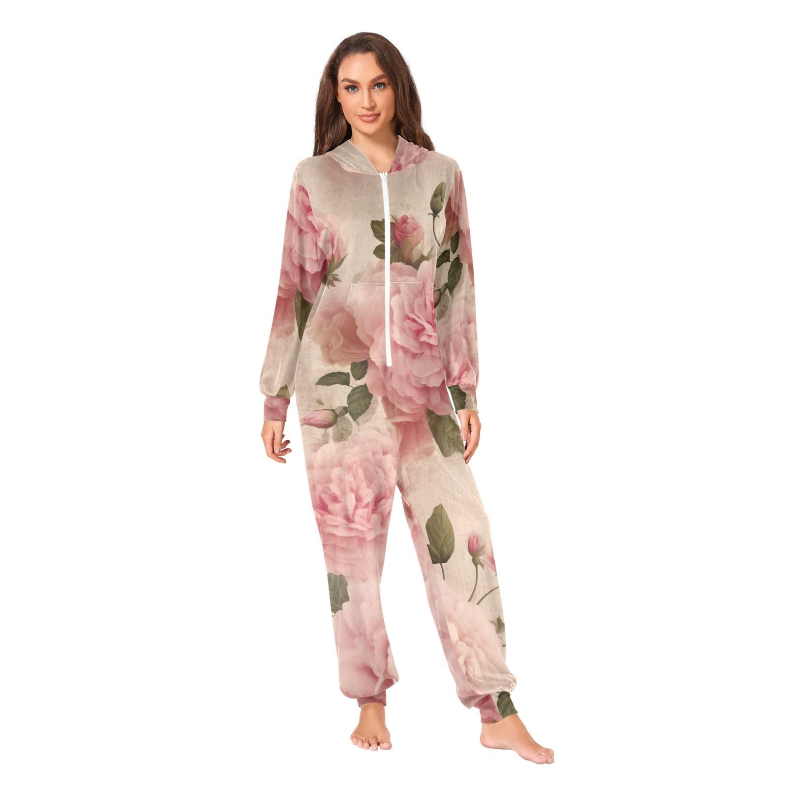 Pigiama intero in pile per adulti con fiori di peonia rosa per donne e uomini con cappuccio e cerniera morbida abbigliamento natalizio