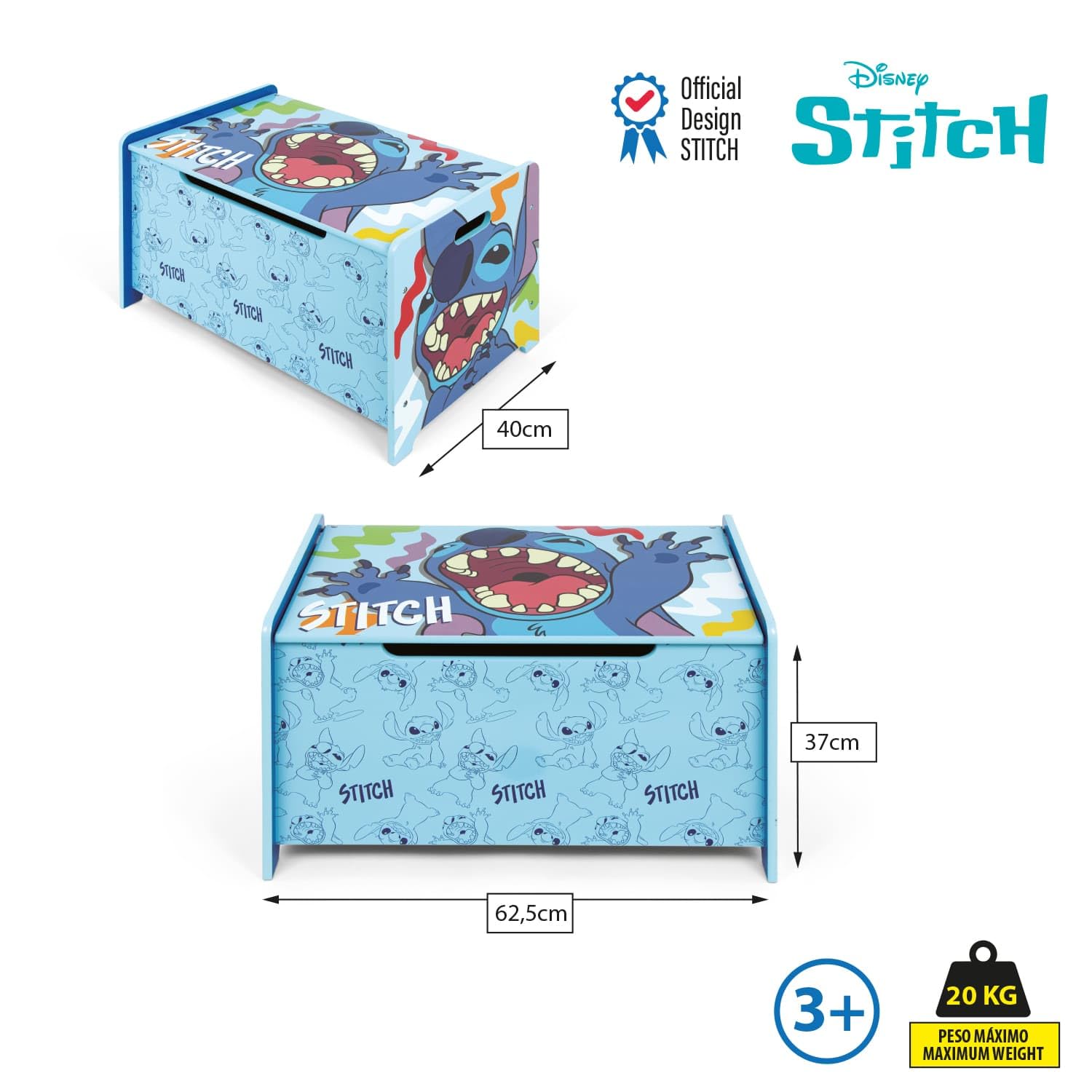 ARDITEX – Spielzeugtruhe aus Holz Stitch – 62,5x40x37 cm – Farbe Blau – Ideal zum Aufbewahren von Spielzeug, Kleidung oder Gegenständen im Kinderzimmer