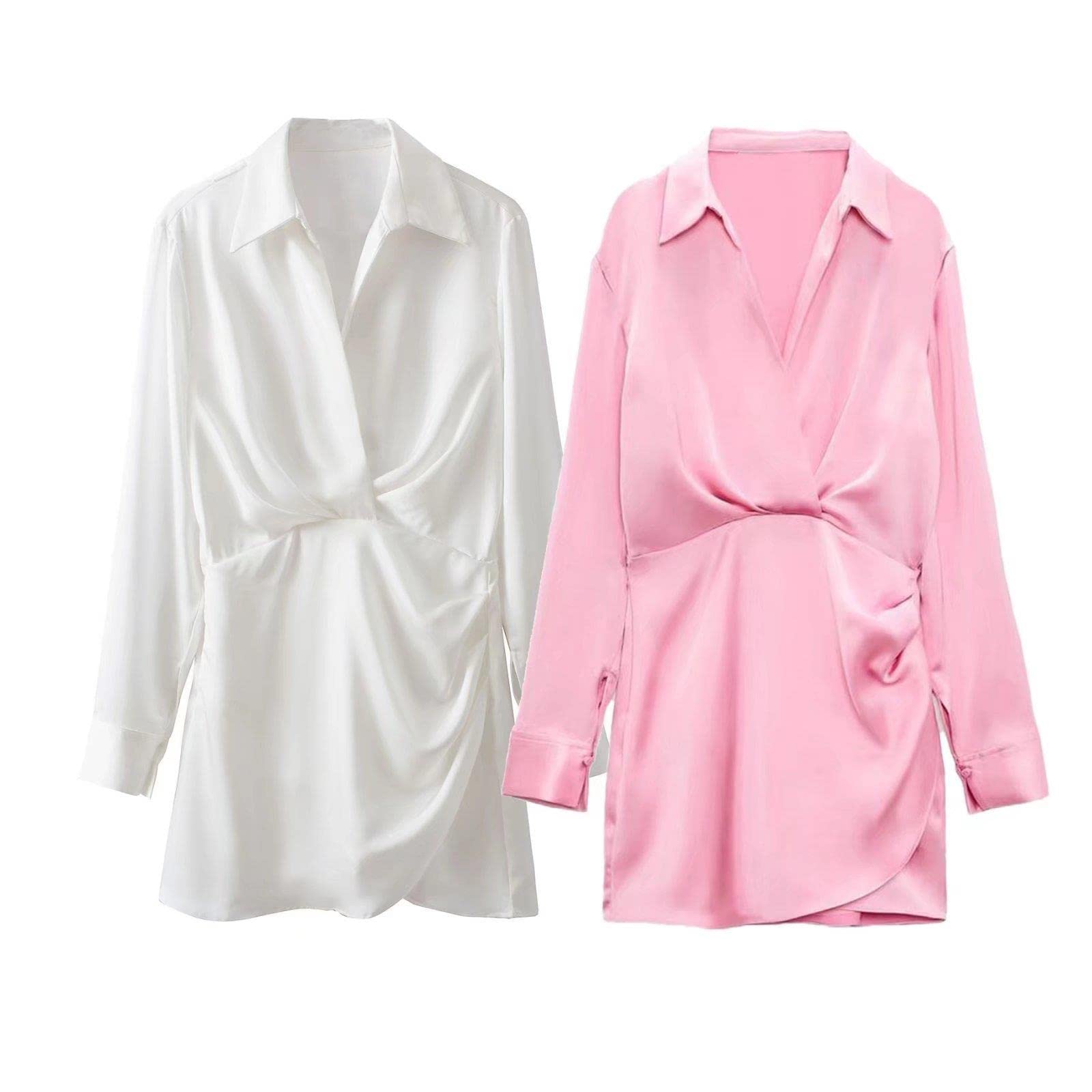 Mini vestido de satén para mujer, primavera y verano, manga larga, cuello de solapa, elegante, estilo camisa, vestido corto, túnica femenina