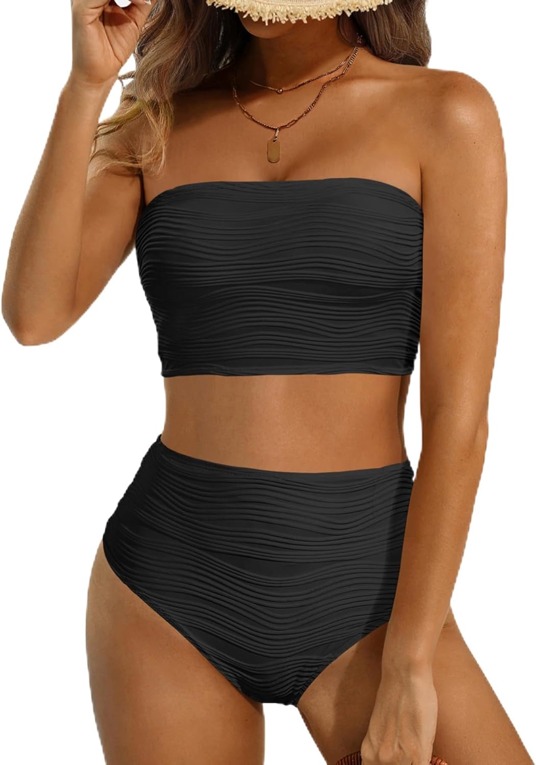 High Waisted Bandeau Bikini Set - Women Strapless Two Piece Swimsuits Ribbed Longline Full Coverage Bathing Suits Swimwear