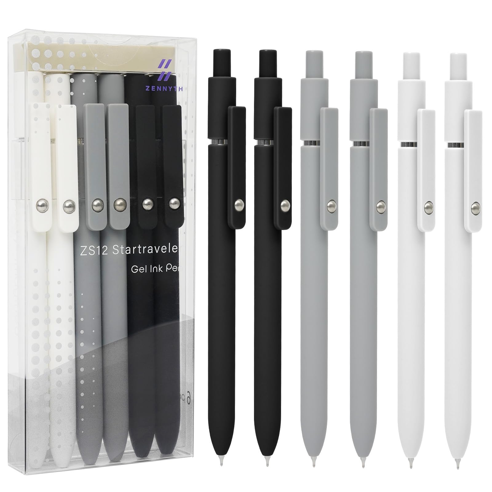 MorPionk Gel Pens, 6 Pcs 0.5mm Quick Dry Black Ink Pens With Smooth Writing, Office Desk Accessories, School Supplies Gifts for Men Women (Black Gray White)