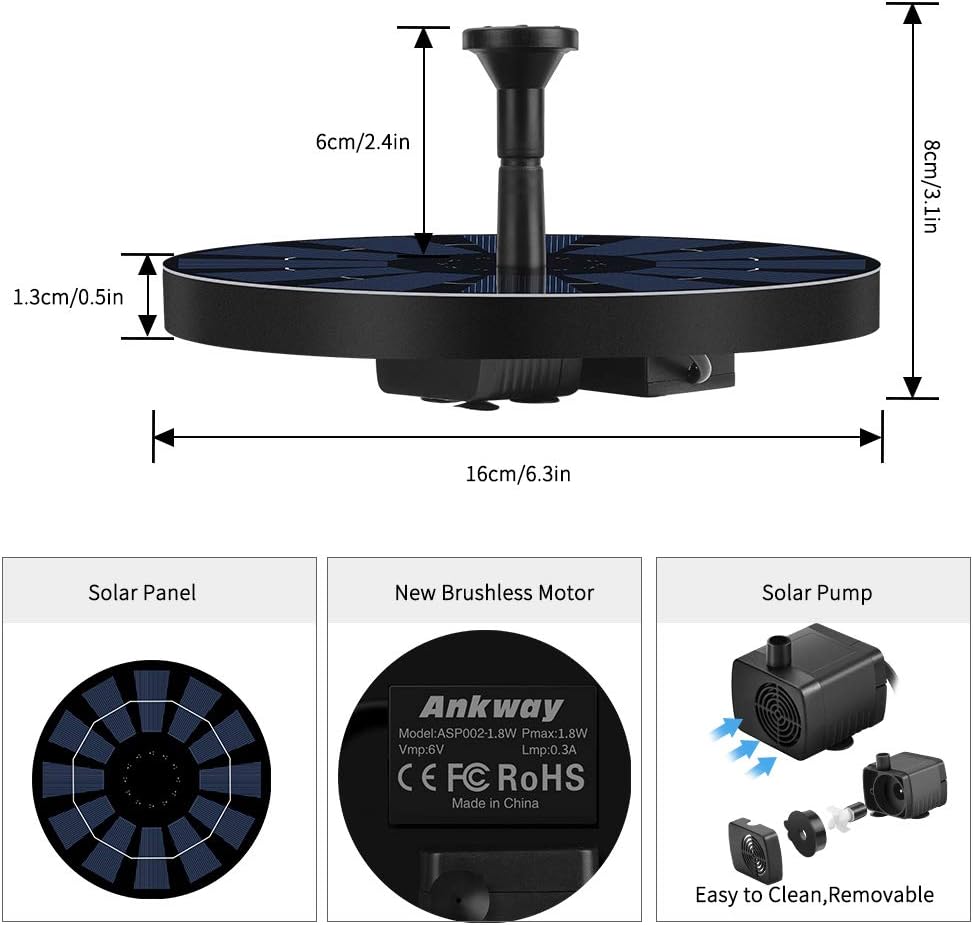 Close-up view of the solar panel, brushless motor, and removable pump components.