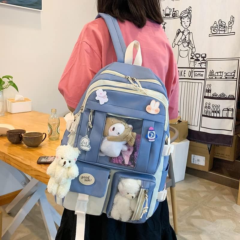 FETNHU Preppy Backpack, Kawaii Backpack with Kawaii Pin And Accessories for Girls School Cute Aesthetic Backpack (Blue) - Image 7