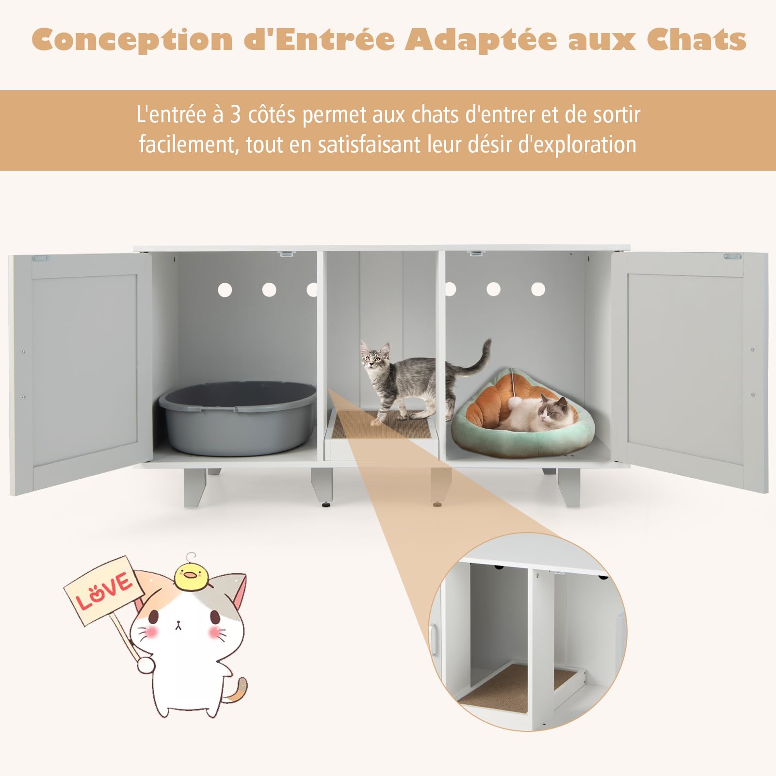 GOPLUS Meuble Litiere Chat 3 en 1, Maison de Toilette Chat en Bois 52x120x65CM, Cache Litiere avec 2 Porte, Pieds Réglables, Planche à Griffer Détachable, Trou de Ventilation, Table TV, Moderne